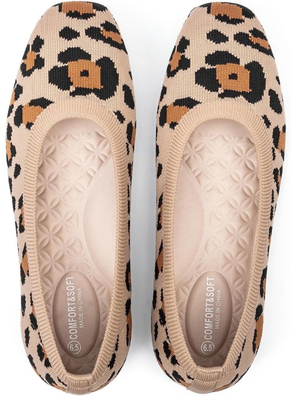 Women's Leopard Beige Comfortable Slip on Washable Square Toe Ballet Flats Shoes